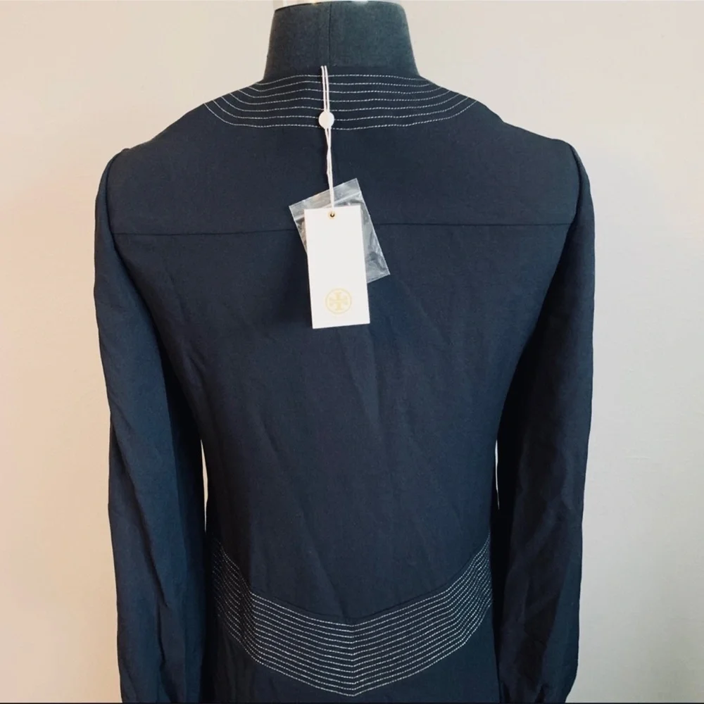 Tory Burch Verenne 100% Silk Embroidered Black V-Neck Dress Sz 2